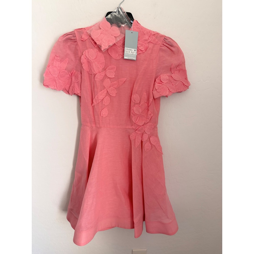 Antonio Melani Pink Linen Blend 3D Floral Applique Coquette Mini Dress Sz 2 NWT